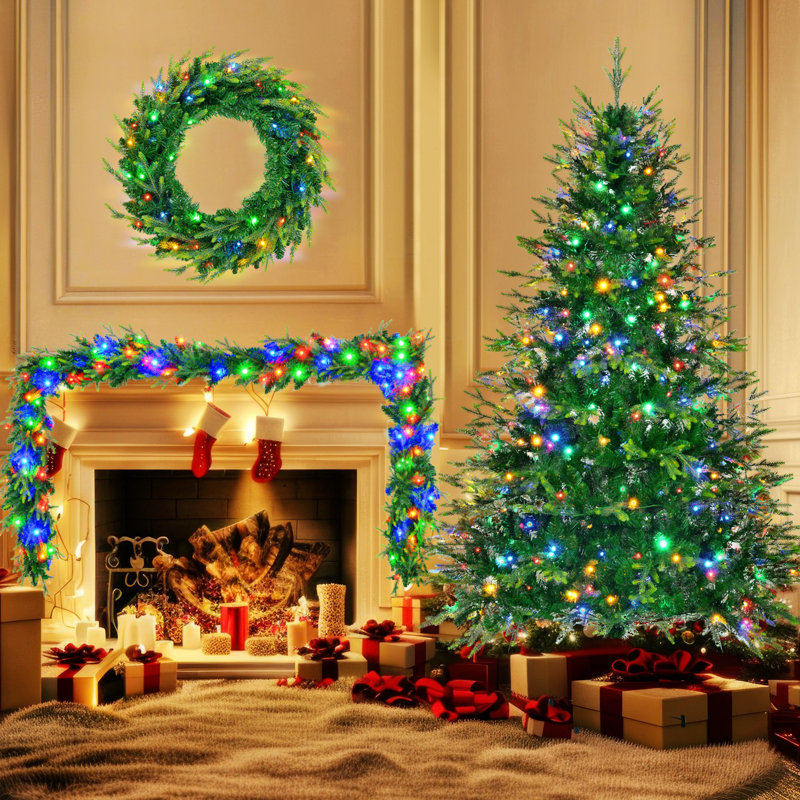 6FT Pre Lit Artificial Christmas Tree With Wreath Garland Grass Green Xmas Tree With 380 Multi Color LED Lights 11 Lighting Modes